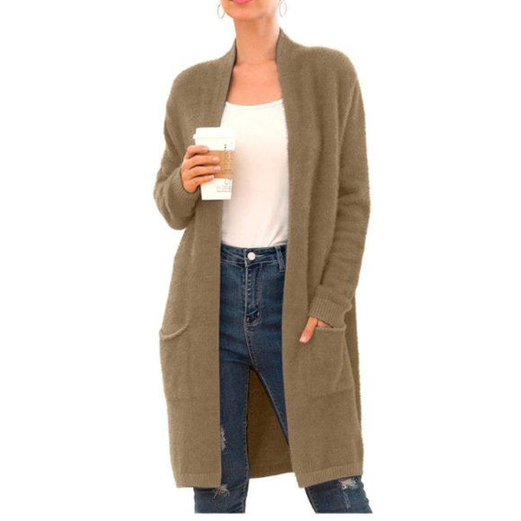 qixing Sweaters - QIXING Plush Dark Tan Long Duster Cardigan